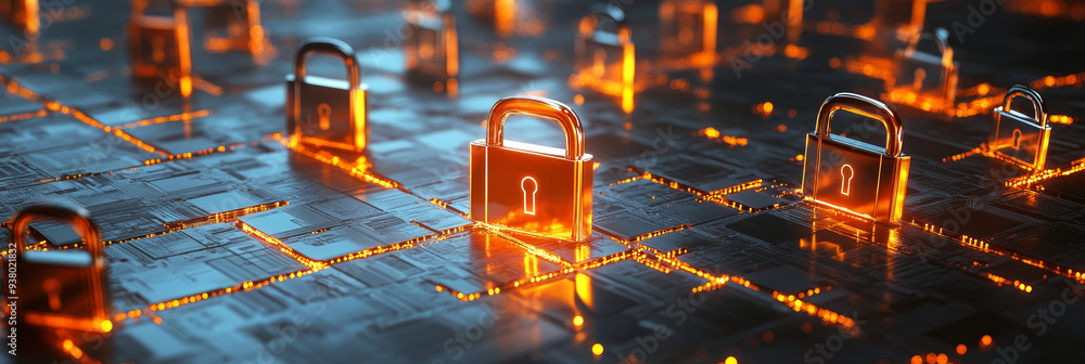 Poster cyber security: protecting data in the digital age - a digital network with glowing padlocks, symbol