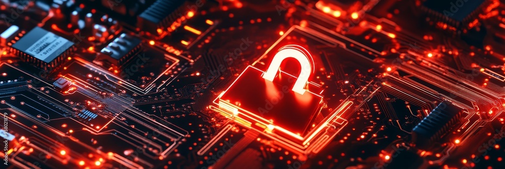 Poster cybersecurity: protecting digital assets with advanced security - a glowing padlock symbol on a circ