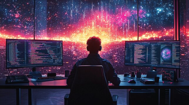 A programmer debugging AI-driven code in a vibrant tech environment, with live data streams running on side monitors.
