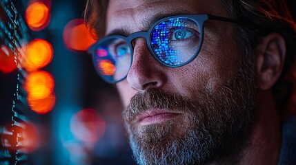 A cybersecurity expert using AI to detect anomalies in network traffic, with alert systems highlighting potential threats.