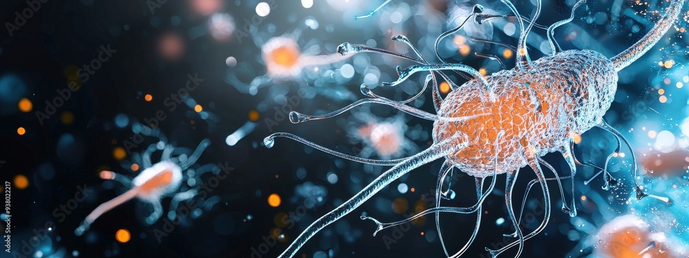 Poster beneath a microscope, a close-up of a bacterial flagellum demonstrating its structure and movement