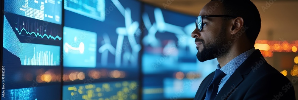 Poster data analyst monitoring financial charts on monitors - a focused data analyst wearing glasses and a 