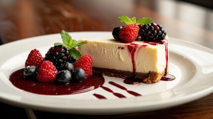 A beautifully arranged dessert plate featuring a slice of cheesecake, fresh berries, and a drizzle of berry sauce
