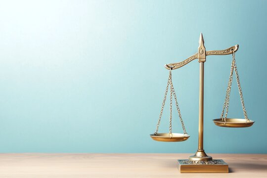 A golden unbalanced scale symbolizes justice and unfair, contrasting against a soft blue background, ideal for legal themes.