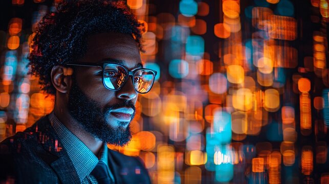 A business professional interacting with an AI-powered virtual assistant, reviewing real-time data on a tablet.