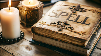 3D Witchs Grimoire and Candle with Spell Text concept as An isolated vector featuring an open witchs grimoire and a candle with the word Spell in a mystical font. The elements are set against a white 