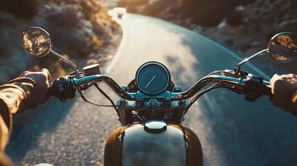 A rider's perspective on a winding road while gripping the handlebars of a motorcycle, capturing the essence of freedom and adventure. 