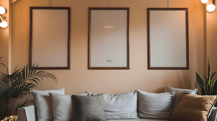 A photo of a living room with a beige wall. There are empty poster frames on the wall. The room has modern furniture. There's a gray sofa with cozy pillows. The room also has a plant.