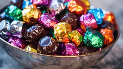 A bowl of mixed chocolate candies wrapped in shiny, colorful foil, creating a festive look
