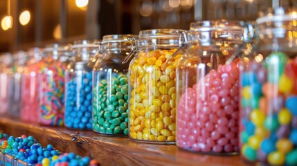 A candy buffet with jars of assorted brightly colored candies, from jelly beans to sour belts