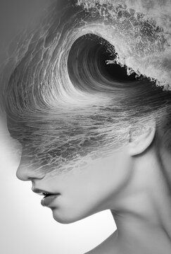 Black and white portrait of a beautiful woman and the ocean in a double exposure concept, collage