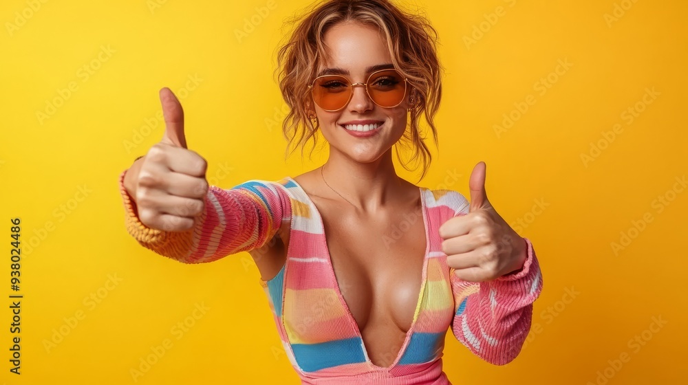 Wall mural happy woman with double thumbs up on yellow background