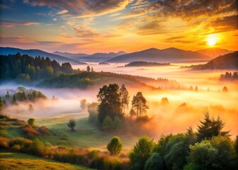Fototapeta premium Softly blurred morning landscape in the serene valley, shrouded in wispy fog, with vibrant sunrise hues casting a warm, tranquil, and idyllic atmosphere.