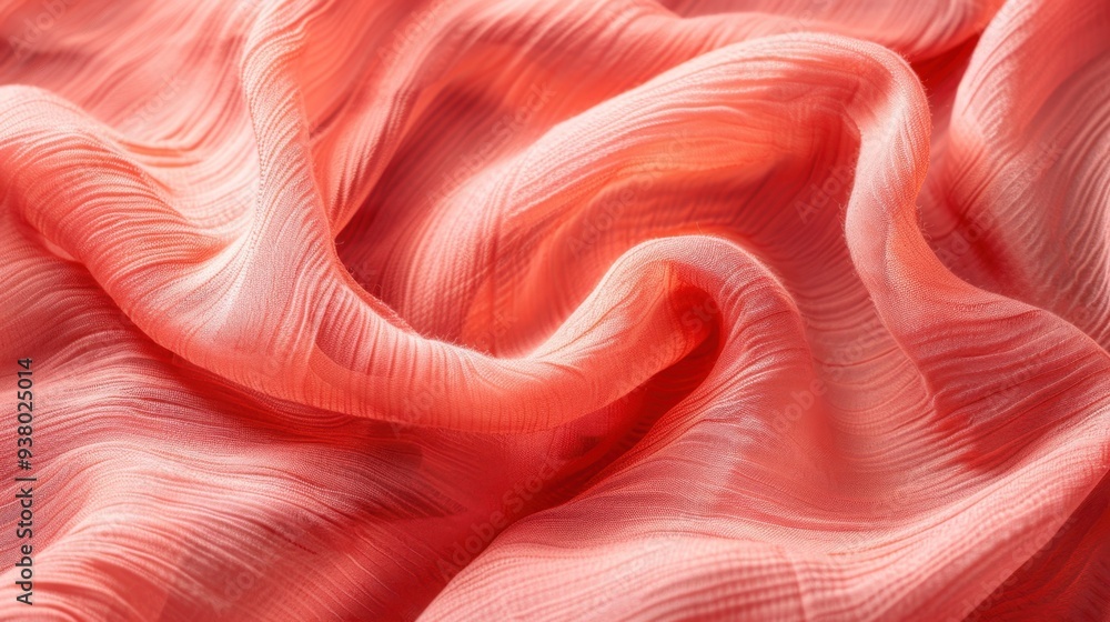 Poster a close-up of a crepe fabric in a vibrant coral, with its subtle, crinkled texture adding depth