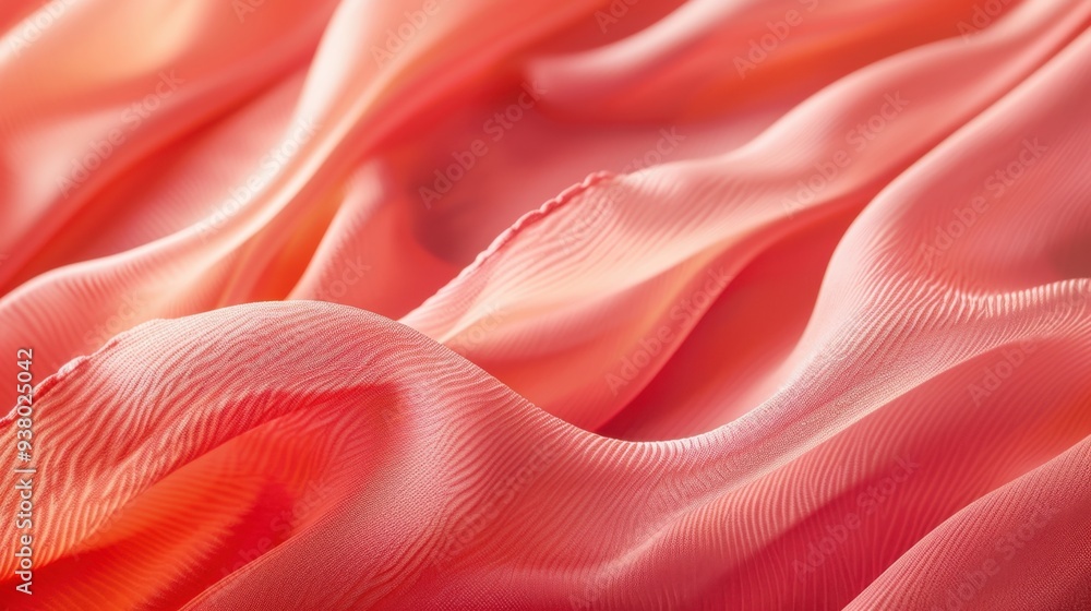 Poster a close-up of a crepe fabric in a vibrant coral, with its subtle, crinkled texture adding depth