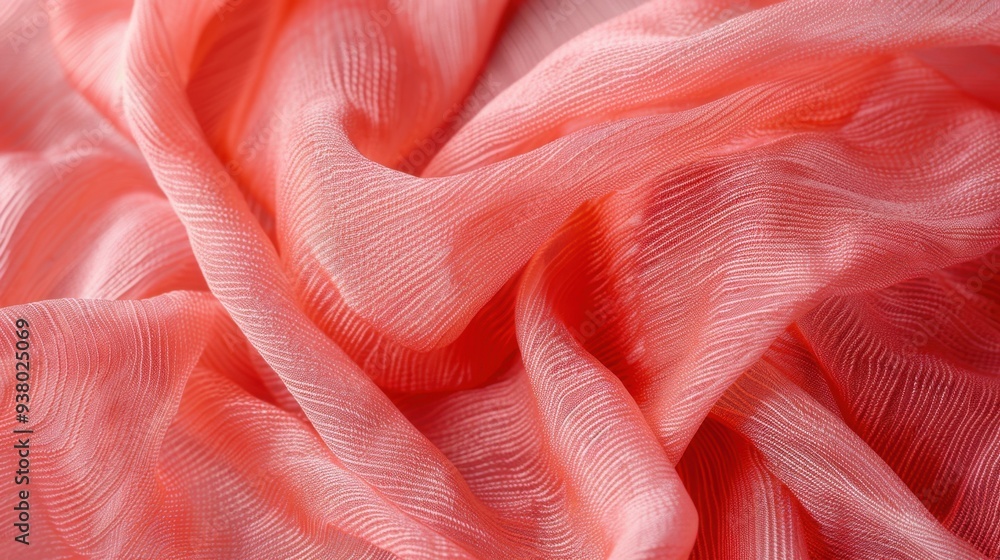 Poster a close-up of a crepe fabric in a vibrant coral, with its subtle, crinkled texture adding depth