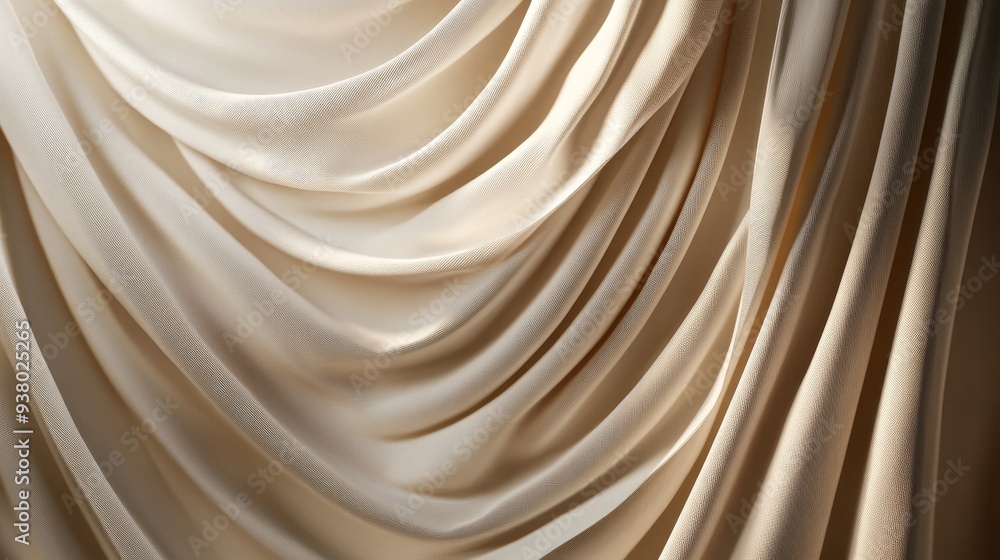 Poster elegant draped fabric background - smooth, flowing beige fabric with soft folds and ripples, creatin