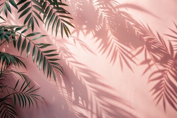 Soft pink pastel wall illuminated by gentle sunlight, adorned with intricate leaf shadows and delicate tree branch silhouettes, evoking a serene tropical ambiance.
