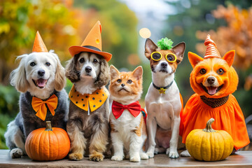 Candid Halloween Pet Costume Contest concept as A candid shot of pets dressed in Halloween costumes eagerly participating in a contest. The scene captures the humor and excitement ideal for ads promot