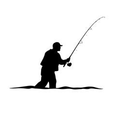 fisherman, fish, fisher, fisherboat, fish boat, bucket, fishbucket, fishing rod, rod, sea, sealife, vector graphic black and white