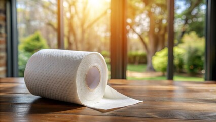 Soft white rolled tissue paper with gentle creases sits on a rustic brown wooden table against a blurred outside window background with natural light.