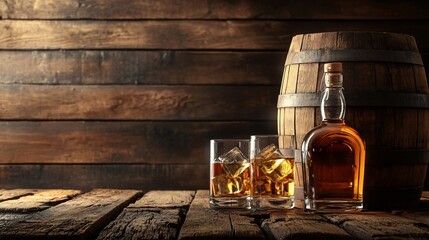 Whiskey Glass Bottle and Barrel with Ice Cubes on Wooden Surface