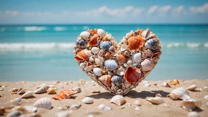 Heart made of sea shells Summer background Minimal summer or love concept Flat lay.