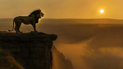 A majestic lion standing on a cliff edge, overlooking a vast, misty valley. The lion's mane is gently blowing in the wind