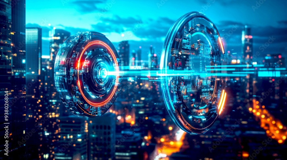 Poster futuristic cityscape featuring advanced technology. a stunning visual of glowing circular structures