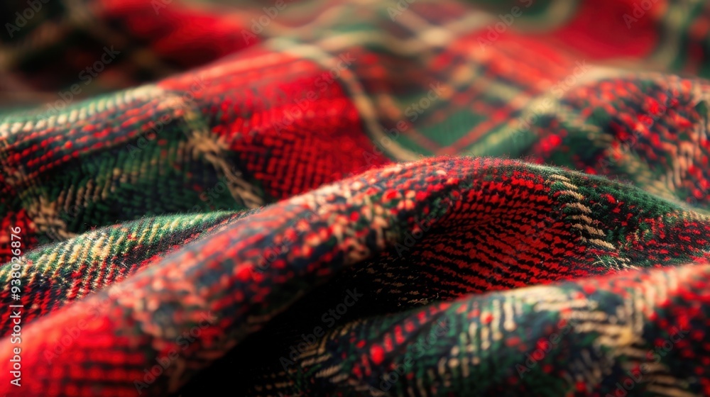 Poster a close-up of a plaid fabric in classic red and green, with its bold, recognizable pattern adding wa