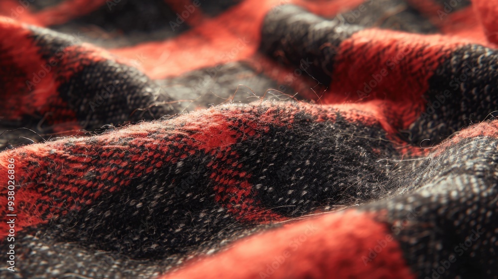 Poster a close-up of a plaid flannel fabric in traditional red and black, creating a warm and rustic backgr