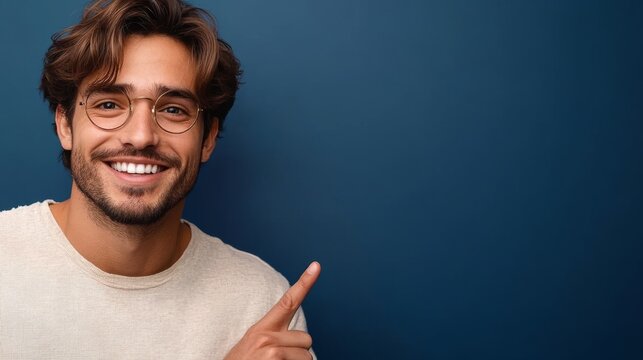 joyful man demonstrates empty space on dark blue background