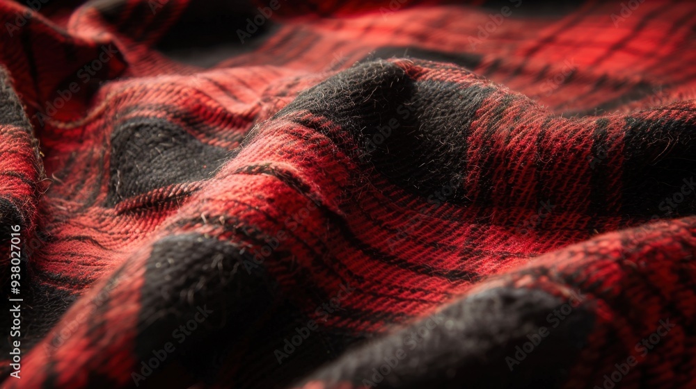 Poster a close-up of a plaid flannel fabric in traditional red and black, creating a warm and rustic backgr