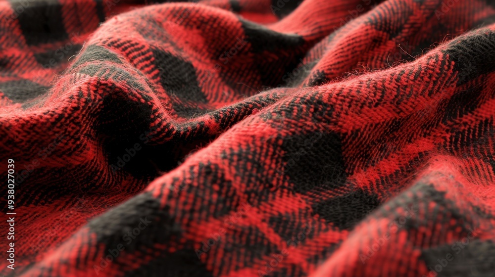 Poster a close-up of a plaid flannel fabric in traditional red and black, creating a warm and rustic backgr