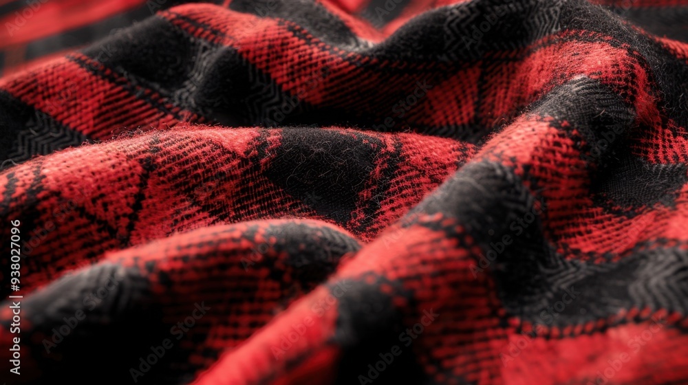 Poster a close-up of a plaid flannel fabric in traditional red and black, creating a warm and rustic backgr