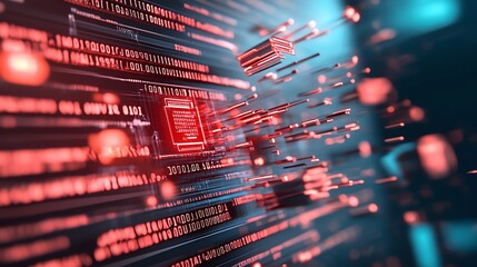 Abstract digital technology with data streams, red light effects, and binary code representing modern computing and innovation.