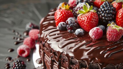 A close-up of a rich chocolate cake topped with fresh berries and a drizzle of chocolate ganache