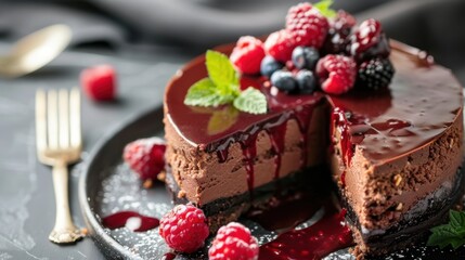 A close-up of a rich chocolate cheesecake topped with a raspberry glaze and fresh berries