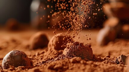 A close-up of a rich, creamy chocolate truffle being dusted with cocoa powder