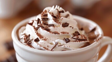A close-up of a rich, creamy hot chocolate topped with whipped cream and chocolate shavings