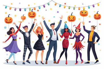 Fototapeta premium Flat Candid Halloween Dance Party concept as A candid shot of people dancing in costume at a Halloween party with vibrant lights and festive decorations. The scene captures the energy and fun perfect 