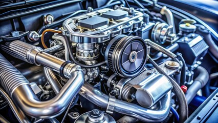 Fototapeta premium Sparkling clean car engine with shiny metallic components, hoses, and belts, perfectly organized and well-maintained, showing attention to detail and pride of ownership.