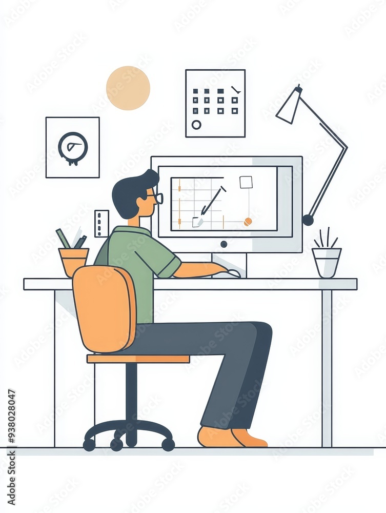 Poster focused worker at a computer desk, modern minimalist design - a minimalist illustration depicting a 