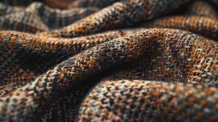 A close-up of a tweed fabric in a mix of earthy tones, showcasing its rich texture and depth