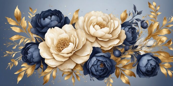 watercolor navy blue bouquet gold leaves botanical clip art drawing peonies roses herbs wedding invitation design.