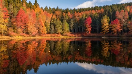 Fototapeta premium Vivid Autumn Forest Reflections in Calm Lake