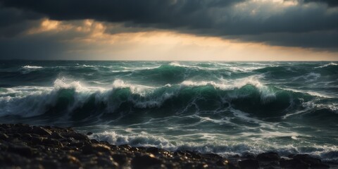 Obraz premium waves crashing onto the shore, dark clouds looming overhead.