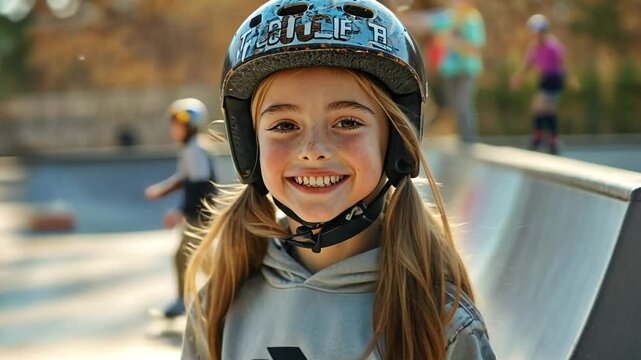In the skate park, a boy on a skateboard and a girl on rollerblades