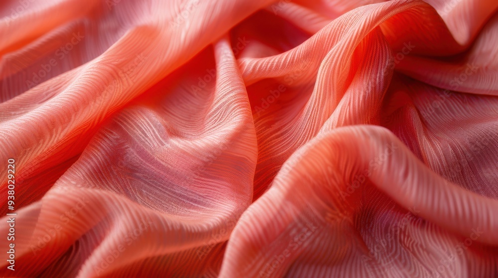 Poster a close-up of crepe fabric in a vibrant coral color, with its subtle, crinkled texture adding depth
