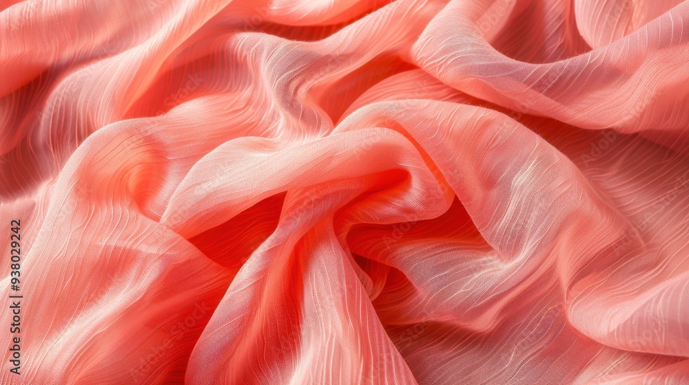 Poster a close-up of crepe fabric in a vibrant coral color, with its subtle, crinkled texture adding depth